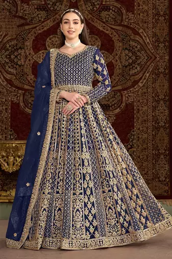 Blue net embroidery & sequins semi stitched suit size up to 42