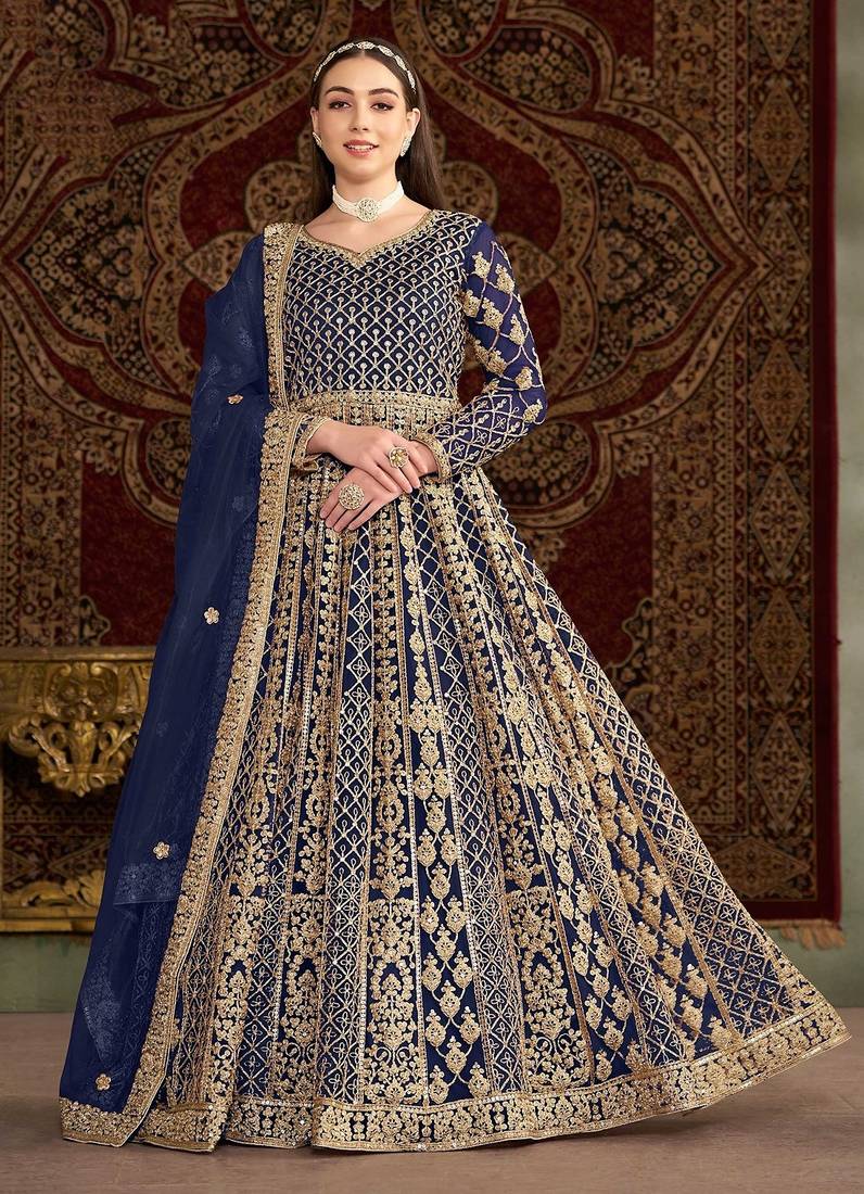 Blue net embroidery & sequins semi stitched suit size up to 42