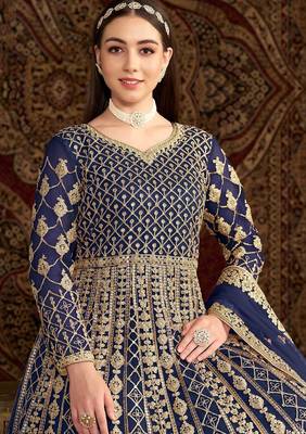 Blue net embroidery & sequins semi stitched suit size up to 42 2