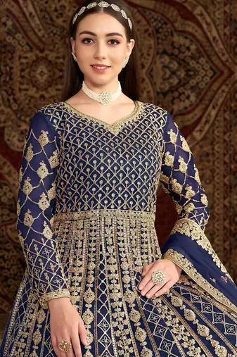 Blue net embroidery & sequins semi stitched suit size up to 42
