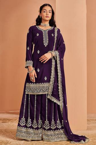 Purple georgette embroidery & sequins semi stitched suit size up to 42
