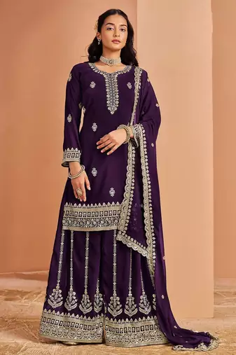 Purple georgette embroidery & sequins semi stitched suit size up to 42
