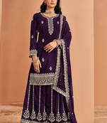 Purple georgette embroidery & sequins semi stitched suit size up to 42