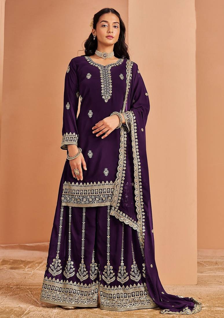 Purple georgette embroidery & sequins semi stitched suit size up to 42