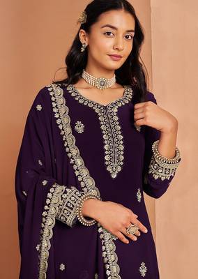 Purple georgette embroidery & sequins semi stitched suit size up to 42 2