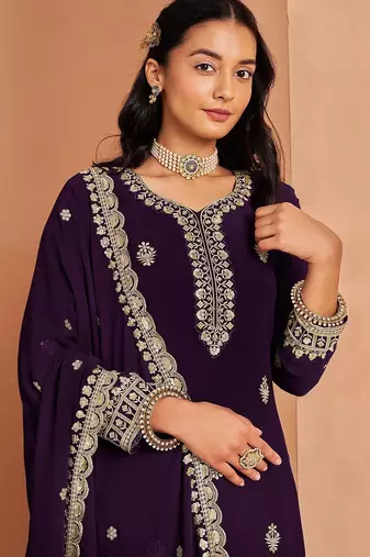 Purple georgette embroidery & sequins semi stitched suit size up to 42