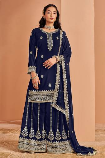 Blue georgette embroidery & sequins semi stitched suit size up to 42