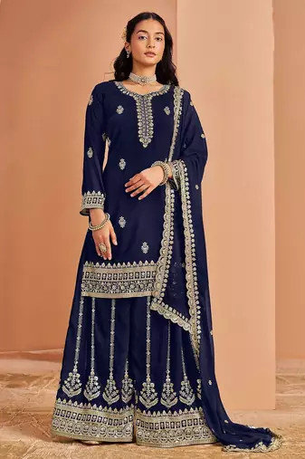 Blue georgette embroidery & sequins semi stitched suit size up to 42
