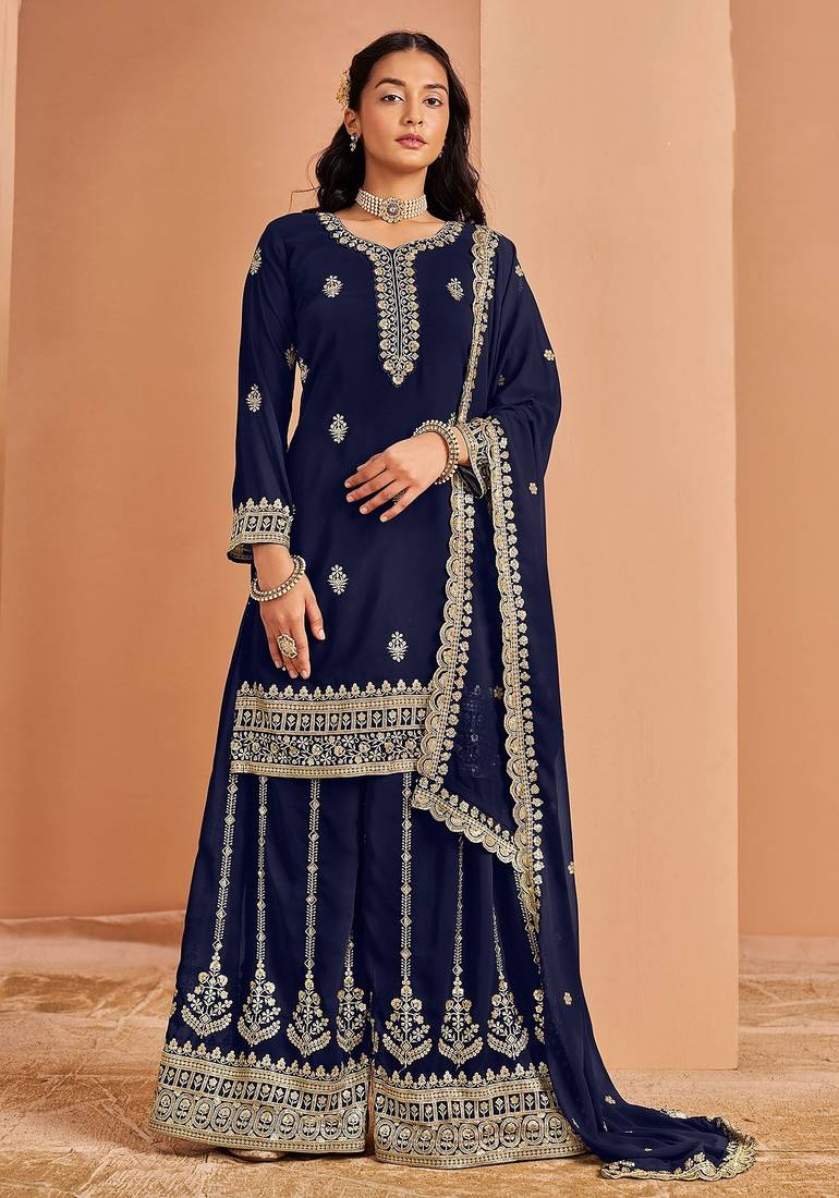 Blue georgette embroidery & sequins semi stitched suit size up to 42