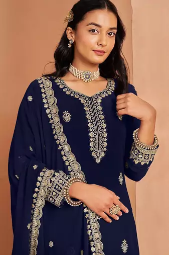 Blue georgette embroidery & sequins semi stitched suit size up to 42