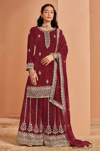 Maroon georgette embroidery & sequins semi stitched suit size up to 42
