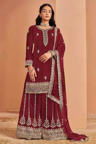 Maroon georgette embroidery & sequins semi stitched suit size up to 42