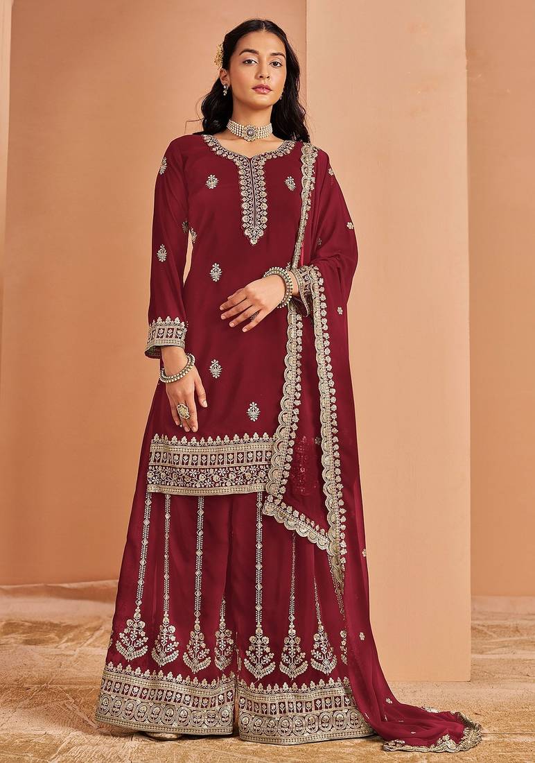 Maroon georgette embroidery & sequins semi stitched suit size up to 42