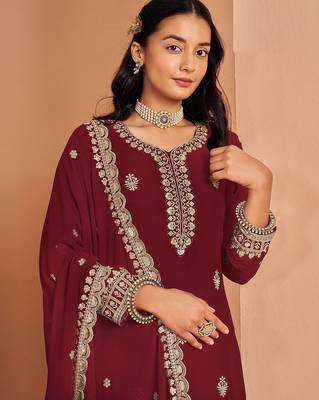 Maroon georgette embroidery & sequins semi stitched suit size up to 42 2
