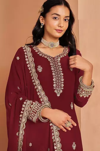 Maroon georgette embroidery & sequins semi stitched suit size up to 42