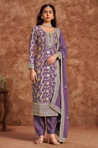 Lavender jacquard embroidery sequins & digital print semi stitched suit size up to 42