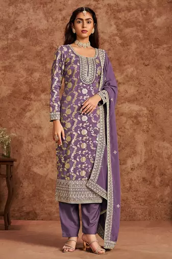 Lavender jacquard embroidery sequins & digital print semi stitched suit size up to 42