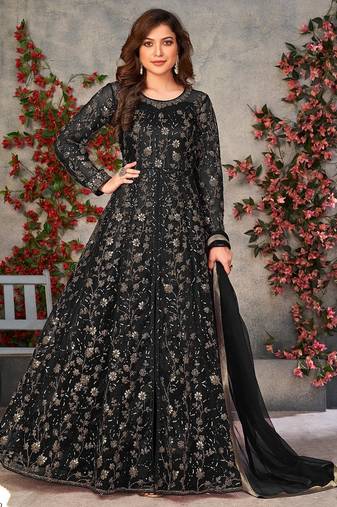 Black net zari embroidery & sequins semi stitched suit size up to 42