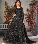 Black net zari embroidery & sequins semi stitched suit size up to 42