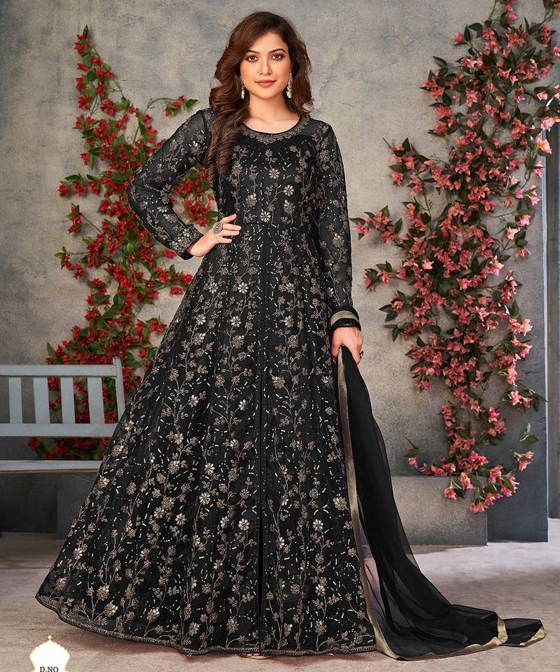 Black net zari embroidery & sequins semi stitched suit size up to 42