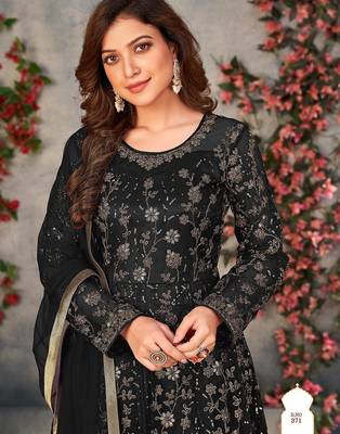 Black net zari embroidery & sequins semi stitched suit size up to 42 2