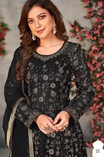 Black net zari embroidery & sequins semi stitched suit size up to 42