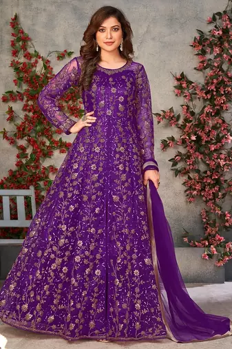 Purple net zari embroidery & sequins semi stitched suit size up to 42