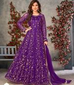 Purple net zari embroidery & sequins semi stitched suit size up to 42