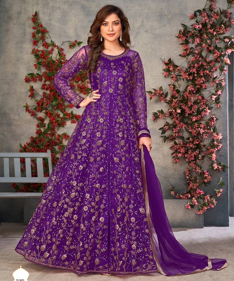 Purple net zari embroidery & sequins semi stitched suit size up to 42