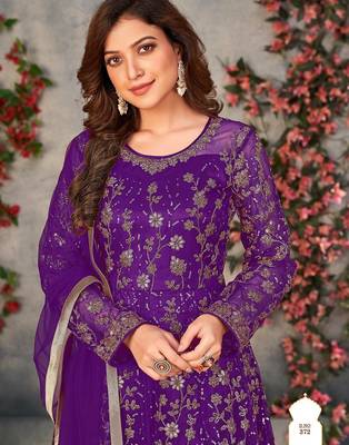 Purple net zari embroidery & sequins semi stitched suit size up to 42 2