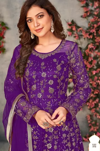 Purple net zari embroidery & sequins semi stitched suit size up to 42