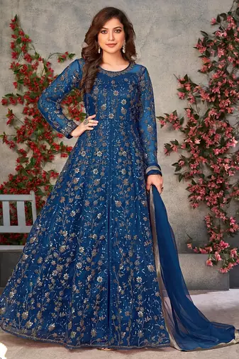 Blue net zari embroidery & sequins semi stitched suit size up to 42