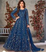 Blue net zari embroidery & sequins semi stitched suit size up to 42