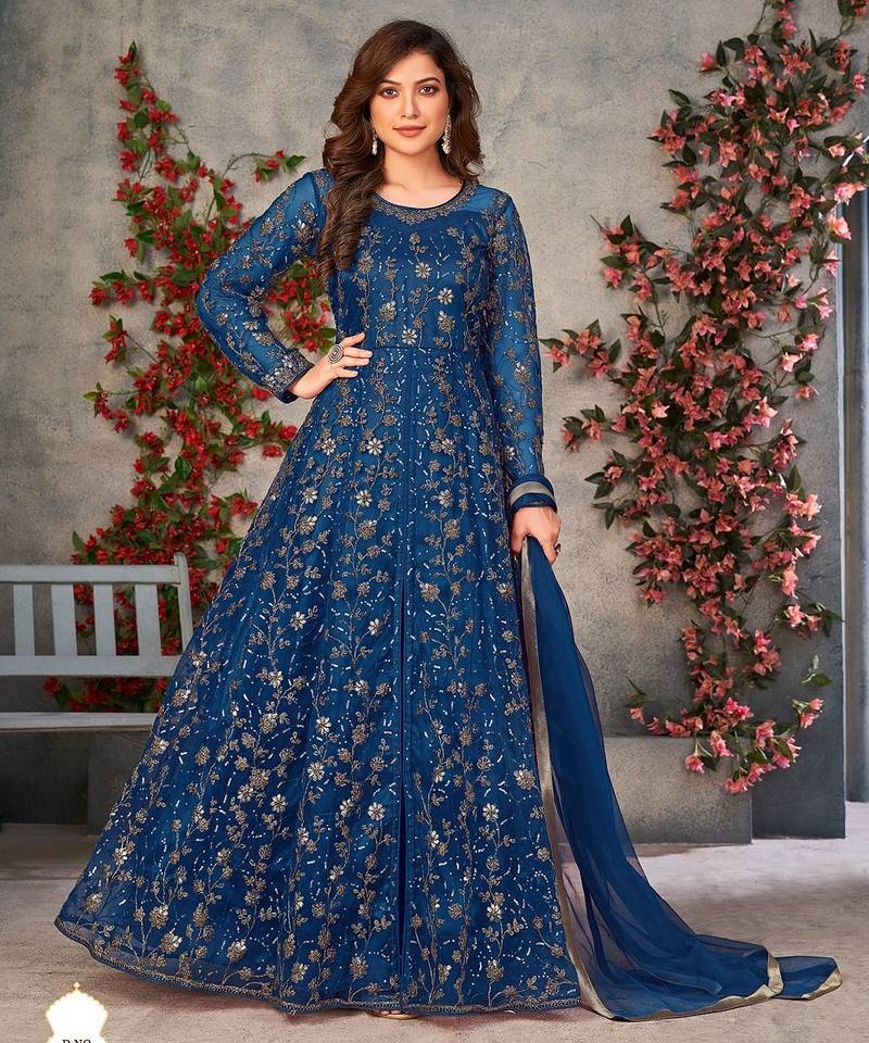 Blue net zari embroidery & sequins semi stitched suit size up to 42