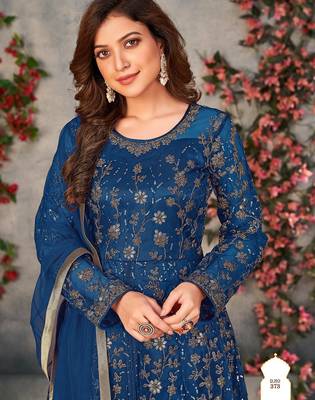 Blue net zari embroidery & sequins semi stitched suit size up to 42 2