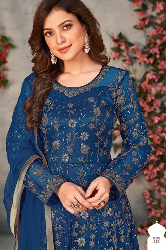Blue net zari embroidery & sequins semi stitched suit size up to 42