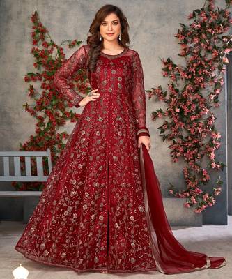 Maroon net zari embroidery & sequins semi stitched suit size up to 42 1