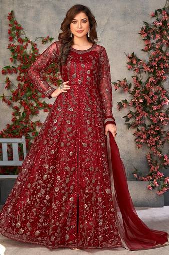 Maroon net zari embroidery & sequins semi stitched suit size up to 42