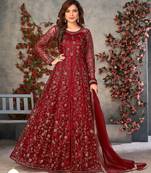 Maroon net zari embroidery & sequins semi stitched suit size up to 42