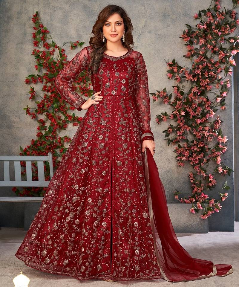 Maroon net zari embroidery & sequins semi stitched suit size up to 42