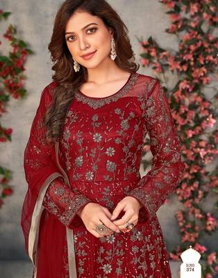 Maroon net zari embroidery & sequins semi stitched suit size up to 42 2