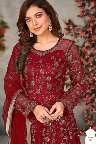 Maroon net zari embroidery & sequins semi stitched suit size up to 42
