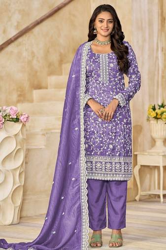 Purple organza embroidery & sequins semi stitched suit size up to 42
