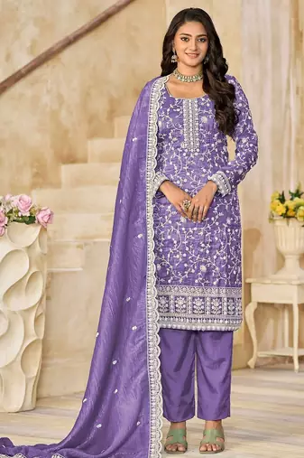 Purple organza embroidery & sequins semi stitched suit size up to 42