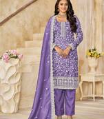 Purple organza embroidery & sequins semi stitched suit size up to 42