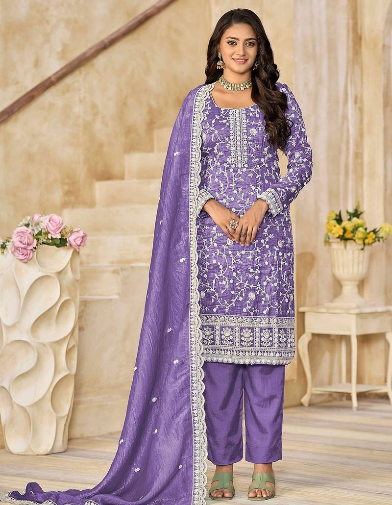 Purple organza embroidery & sequins semi stitched suit size up to 42