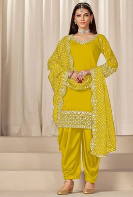Yellow roman silk zari embroidery work glass & sequins semi stitched suit size up to 42 1