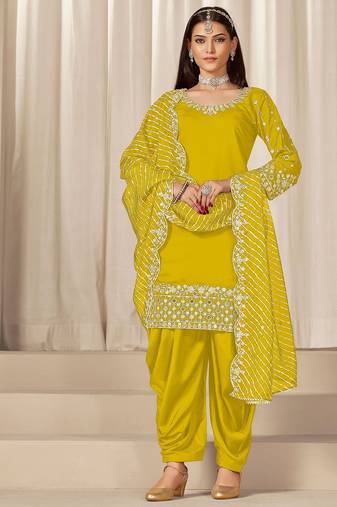 Yellow roman silk zari embroidery work glass & sequins semi stitched suit size up to 42