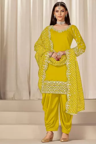 Yellow roman silk zari embroidery work glass & sequins semi stitched suit size up to 42