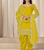 Yellow roman silk zari embroidery work glass & sequins semi stitched suit size up to 42